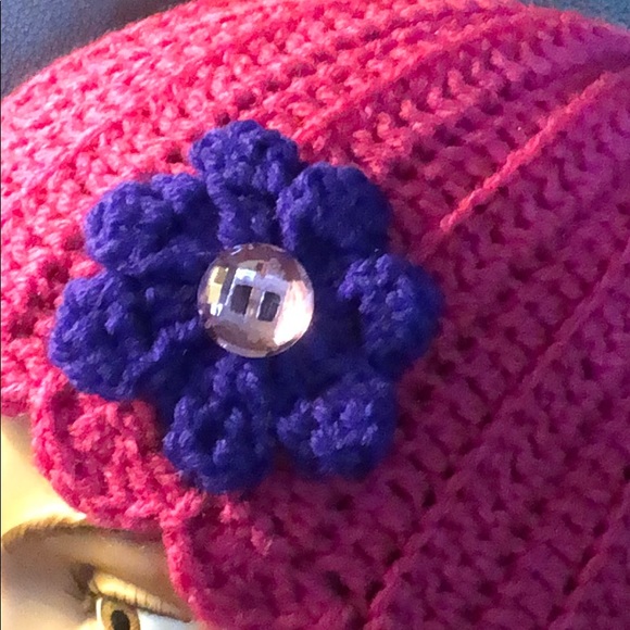 Ladies winter flower beanie hat handmade pink #359 - Picture 3 of 7